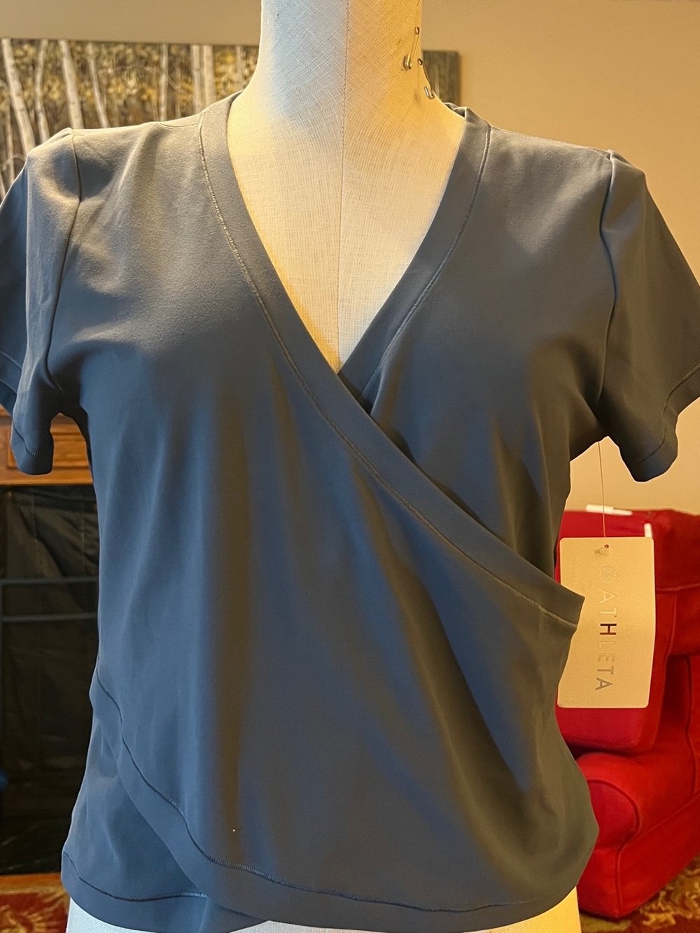 Athleta Slate Blue Wrap-Style V-Neck Short Sleeve Top